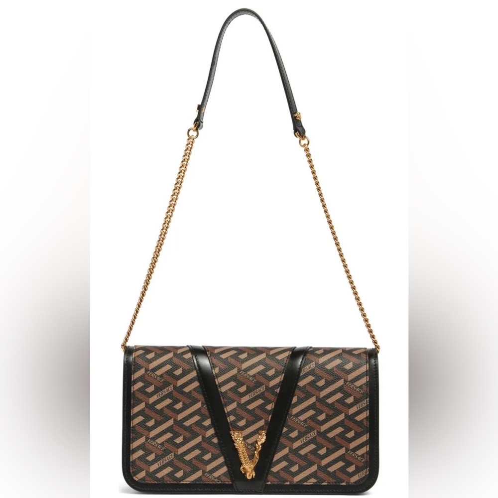 Versace Virtus La Greca Coated Canvas & Leather Shoulder Bag